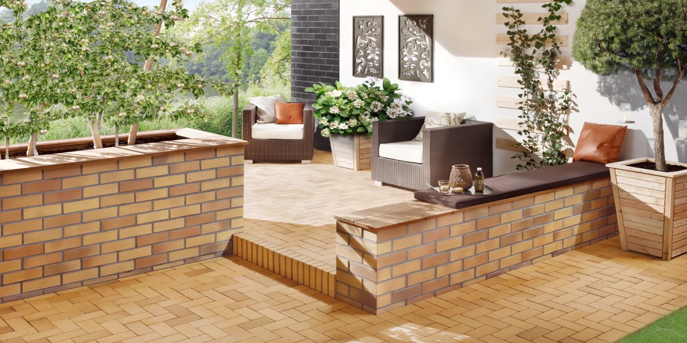 paver, penter, paving stone, terrace, garden, armchair, plant