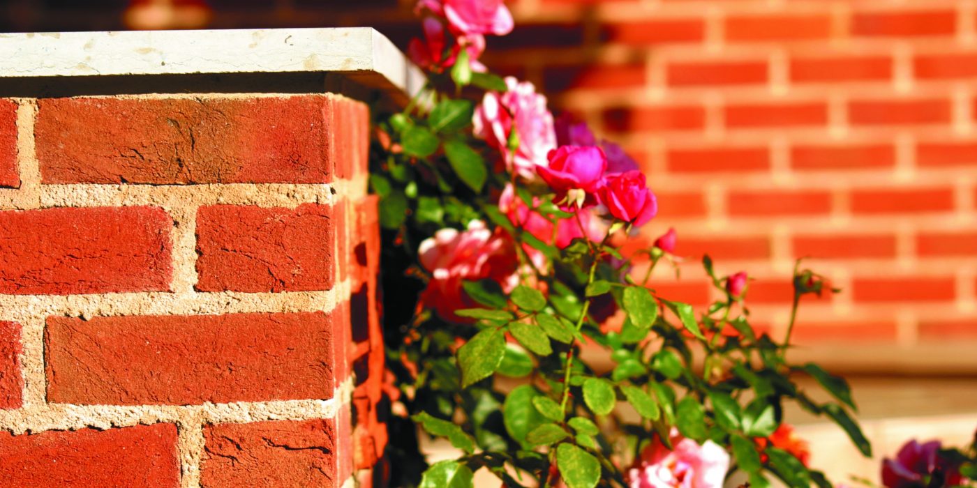   Brick pillar of St. John's bricks with pink roses