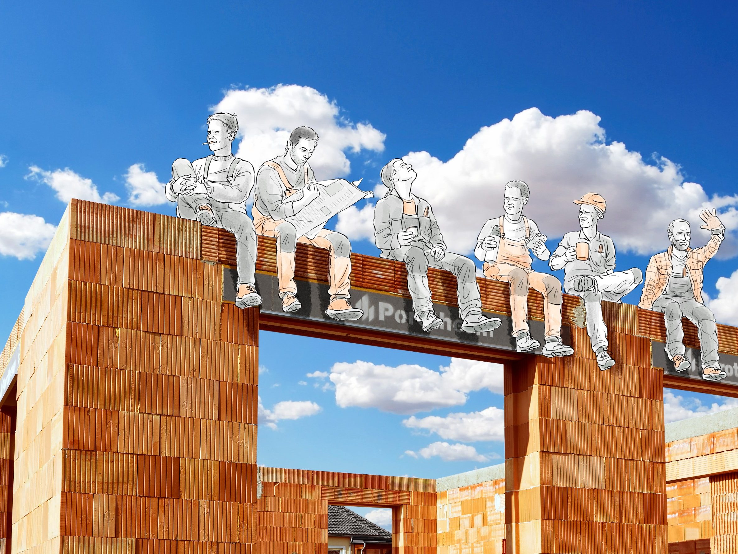 Calendar image photo lunch on the skyfall - people - work - porotherm - brick