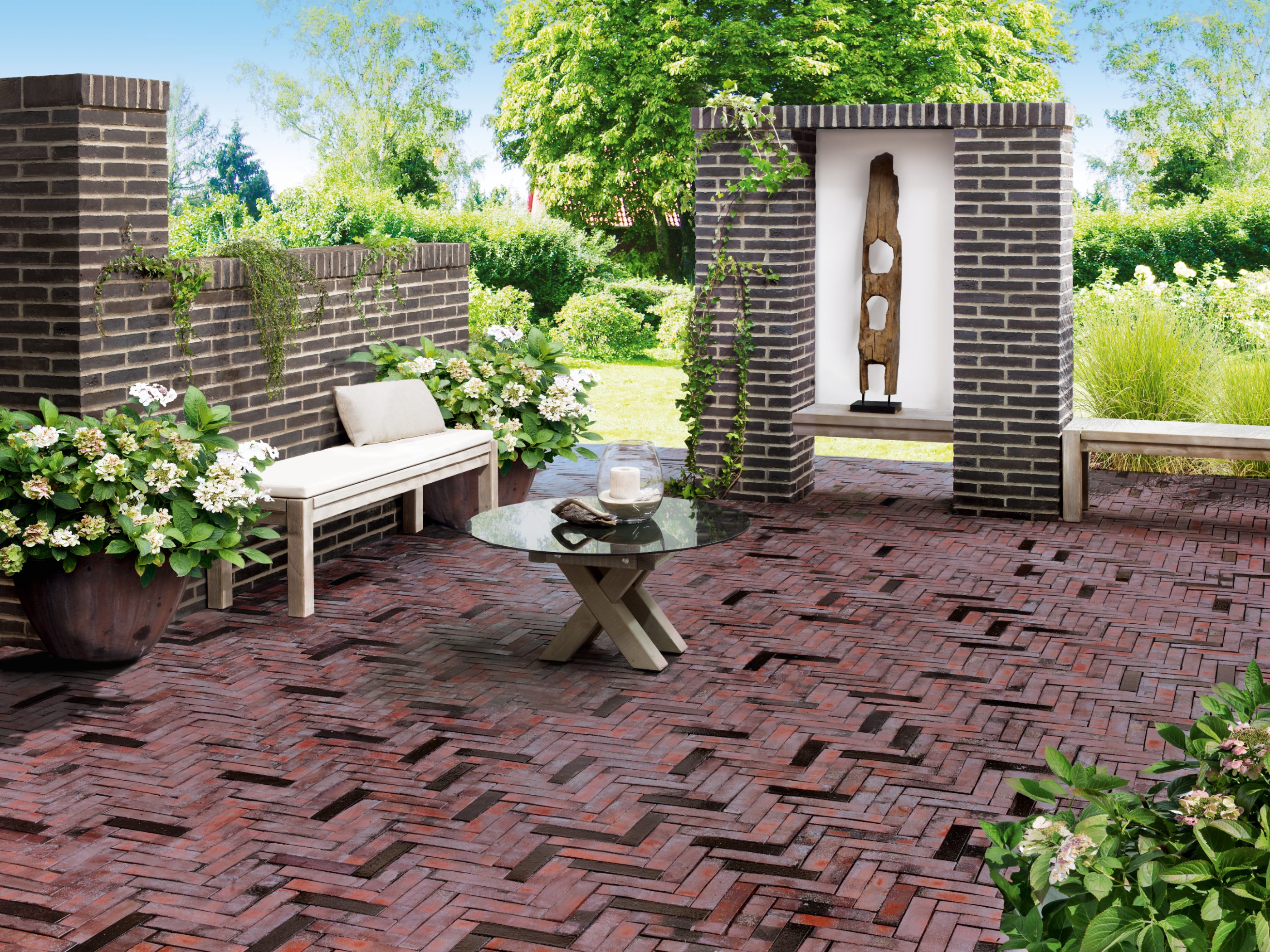 paver, penter, paving stone, terrace, garden, bench