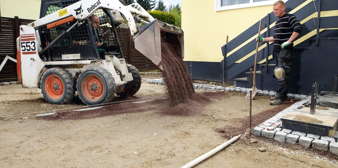 gravel, construction worker, wheel loader, entrance